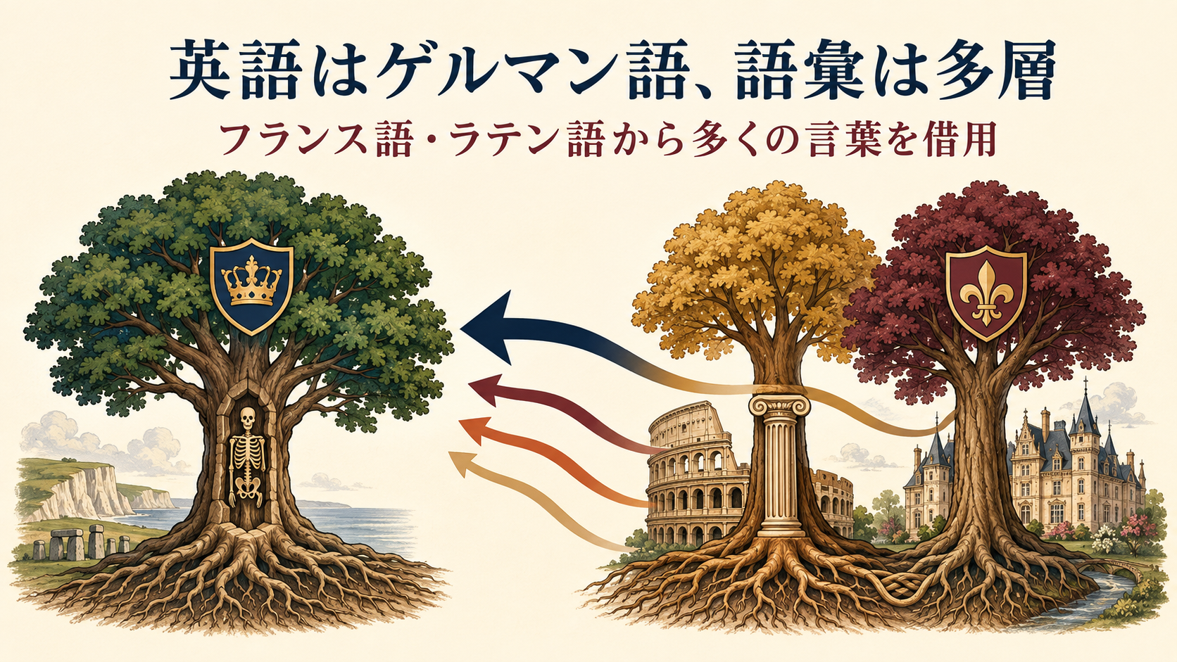 英語はゲルマン語派に属しフランス語・ラテン語から多くの語彙を借用したことを示す図