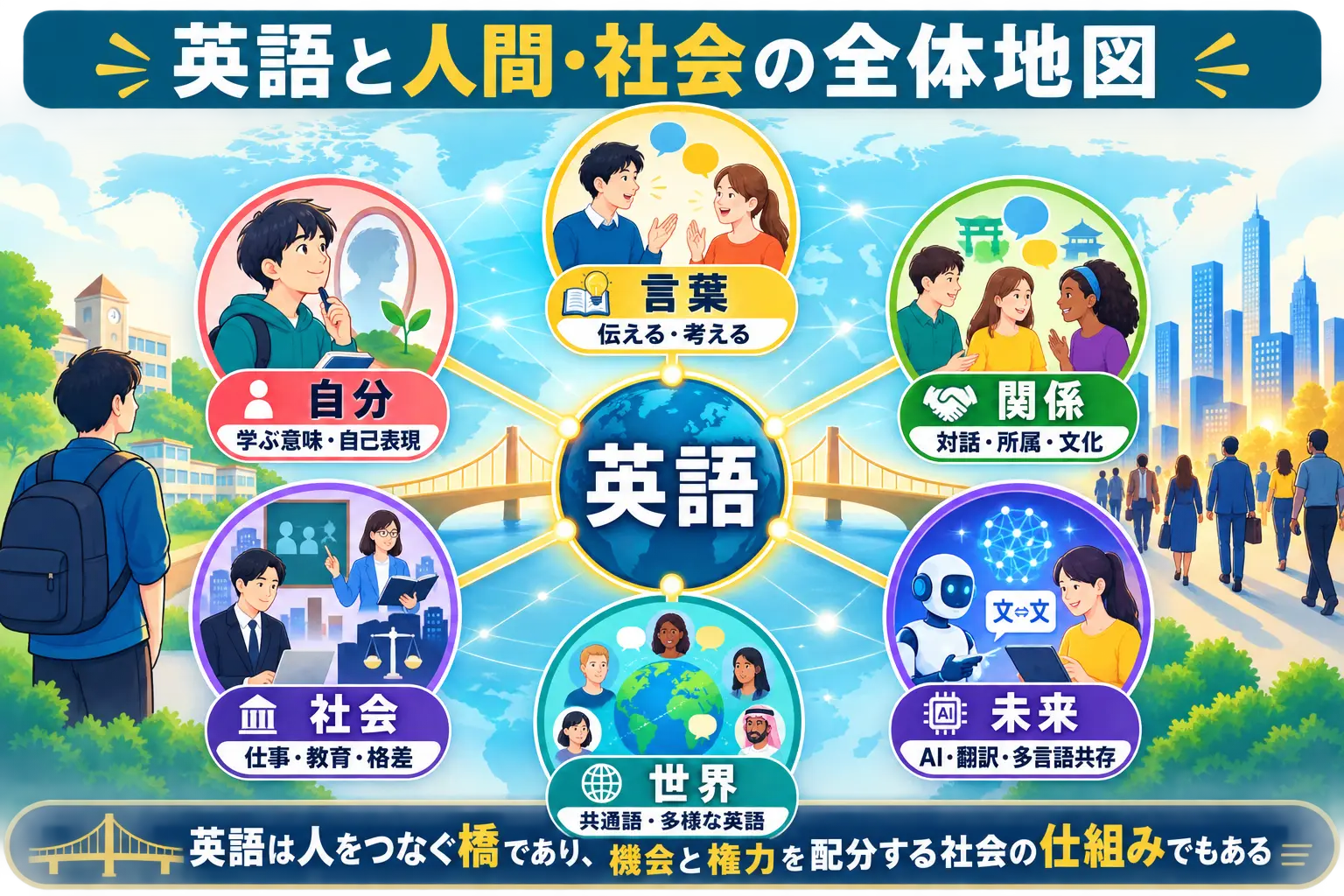 英語と言葉・自分・関係・社会・世界・未来のつながりを示す図解