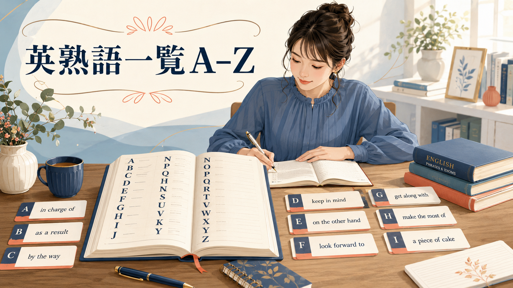 英熟語一覧A-Zを学ぶ女性と英熟語カード