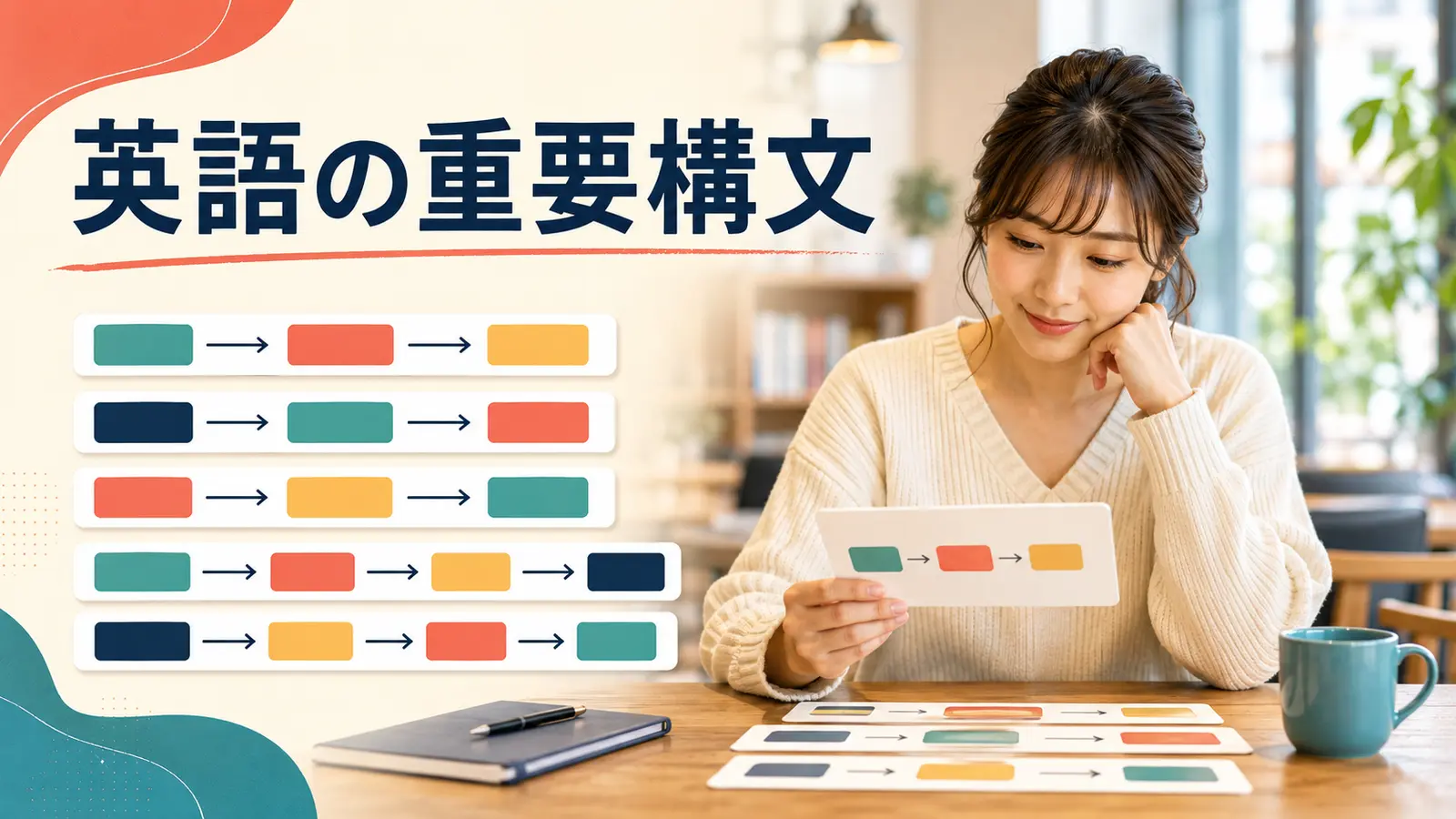 英語の重要構文を語順カードで学ぶ女性