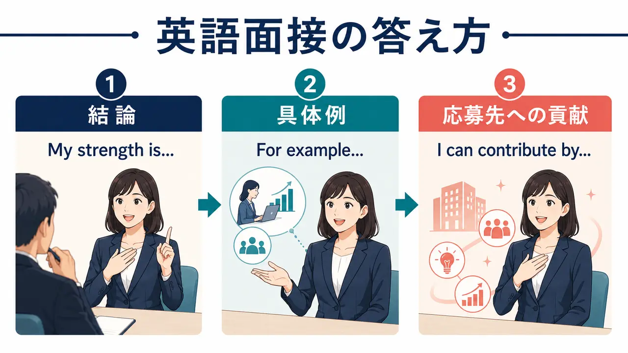 英語面接の回答を結論・具体例・応募先への貢献の順で組み立てる方法