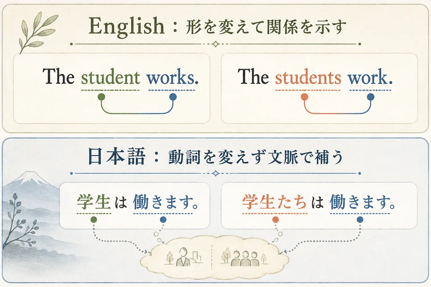 英語はThe student worksとThe students workで動詞を変え、日本語は動詞を変えない比較図