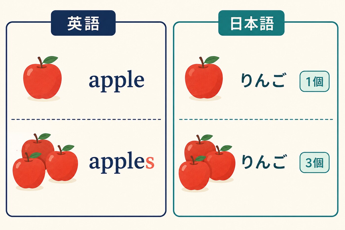 英語と日本語における単数・複数の示し方の違いをりんごで比較した図