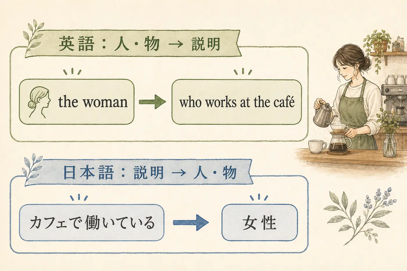 英語のthe woman who works at the caféと日本語のカフェで働いている女性の語順比較