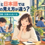 英語と日本語で同じ場面の見え方を比べる女性
