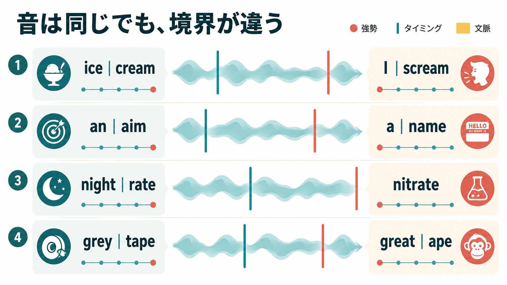 ice creamとI screamなど音が似ていて語境界が異なる英語表現の比較図