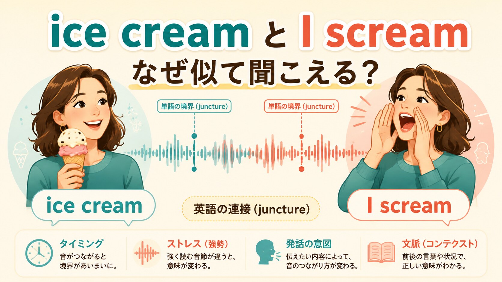 ice creamとI screamの音の境界を比較する英語の連接イラスト