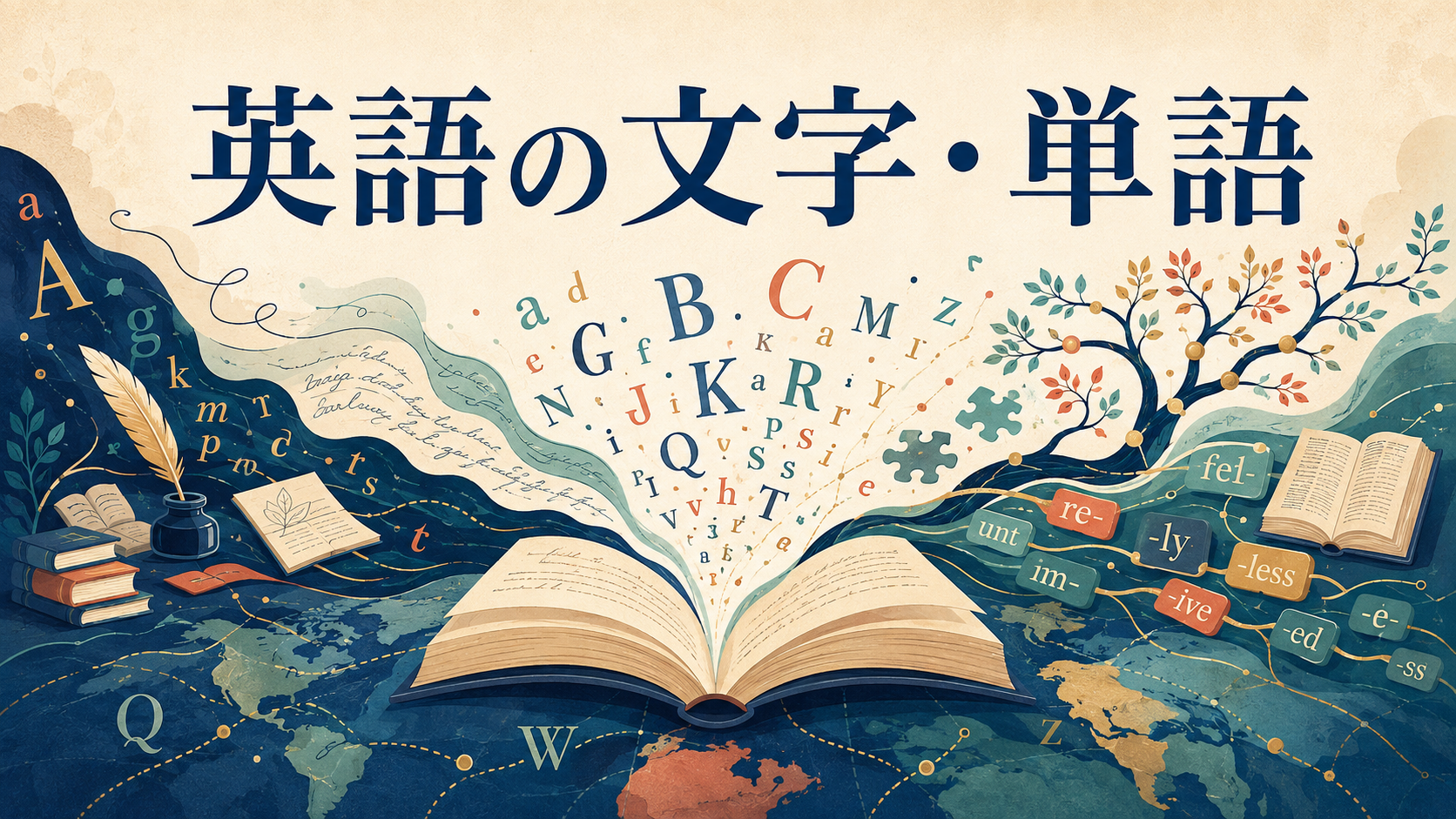 英語の文字・単語を表すアルファベット・辞書・語形成のイラスト