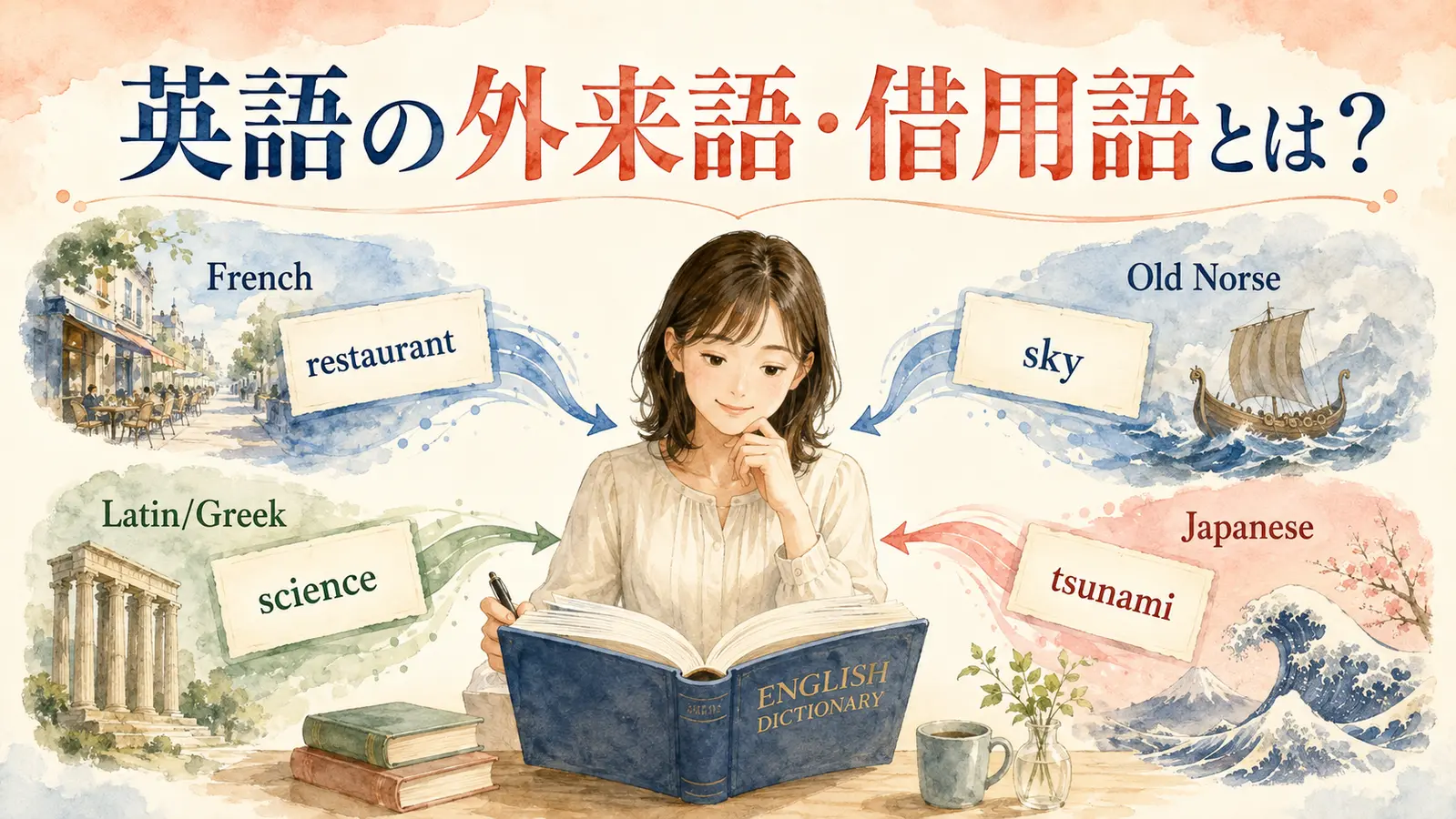 英語がフランス語・古ノルド語・ラテン語・ギリシャ語・日本語から借用語を取り入れる様子