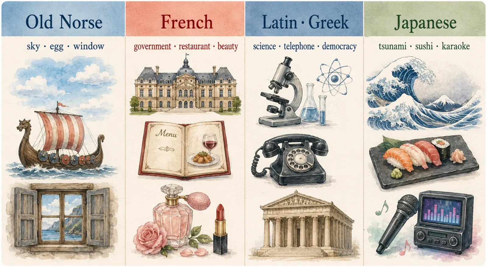 古ノルド語・フランス語・ラテン語とギリシャ語・日本語由来の英単語を比較した図解