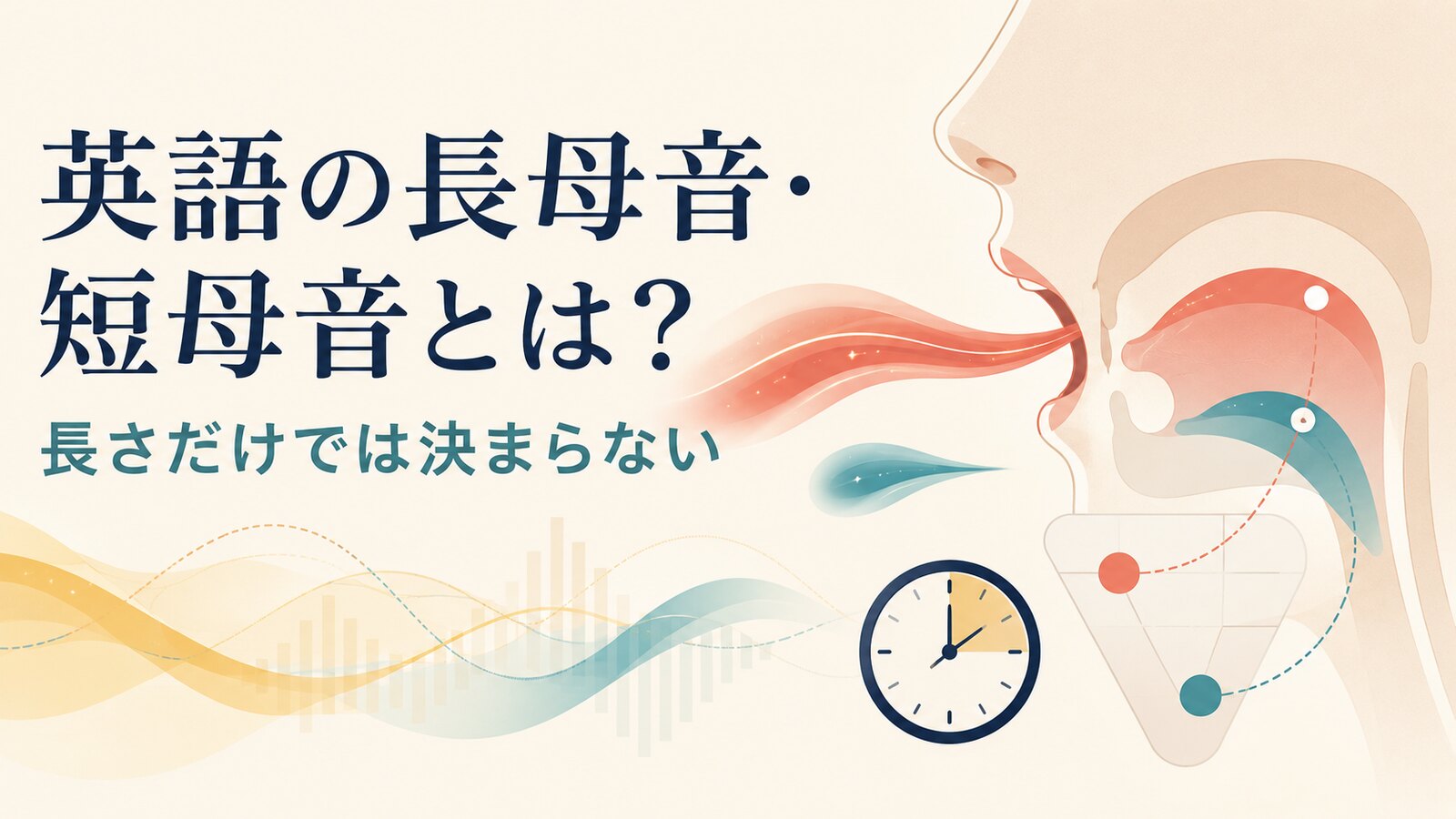 英語の長母音と短母音は長さだけでなく音質や舌の位置も異なることを示すイラスト
