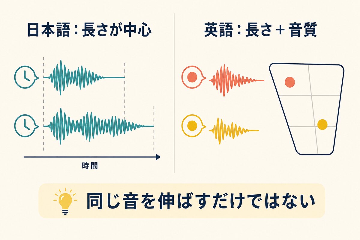 日本語は母音の長さ、英語は長さと音質で区別する傾向を比較したイラスト