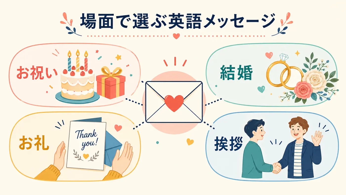 場面で選ぶ英語メッセージのイラストマップ