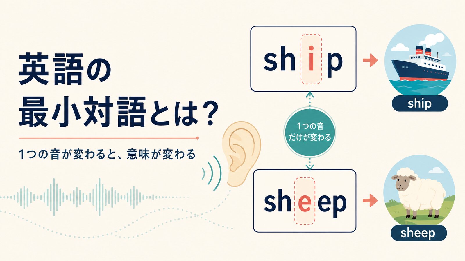 shipとsheepを例に一つの音で意味が変わる最小対語を示したイラスト