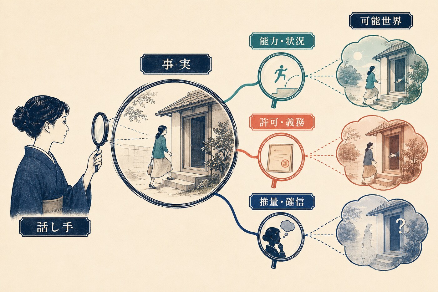 事実と可能世界を能力・許可・義務・推量・確信から見る図