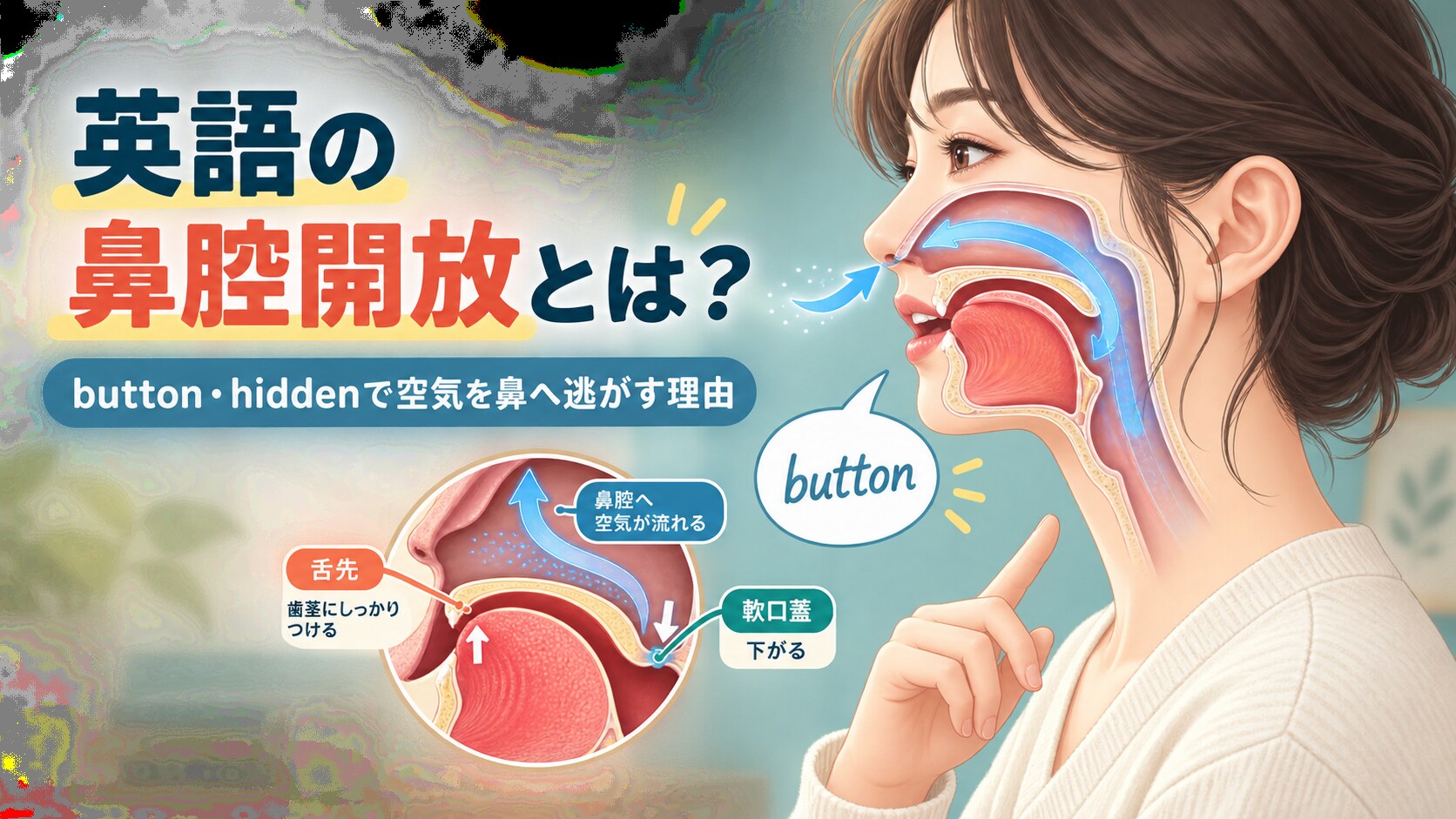 英語の鼻腔開放で舌の閉鎖を保ったまま空気を鼻へ逃がす仕組みの図解