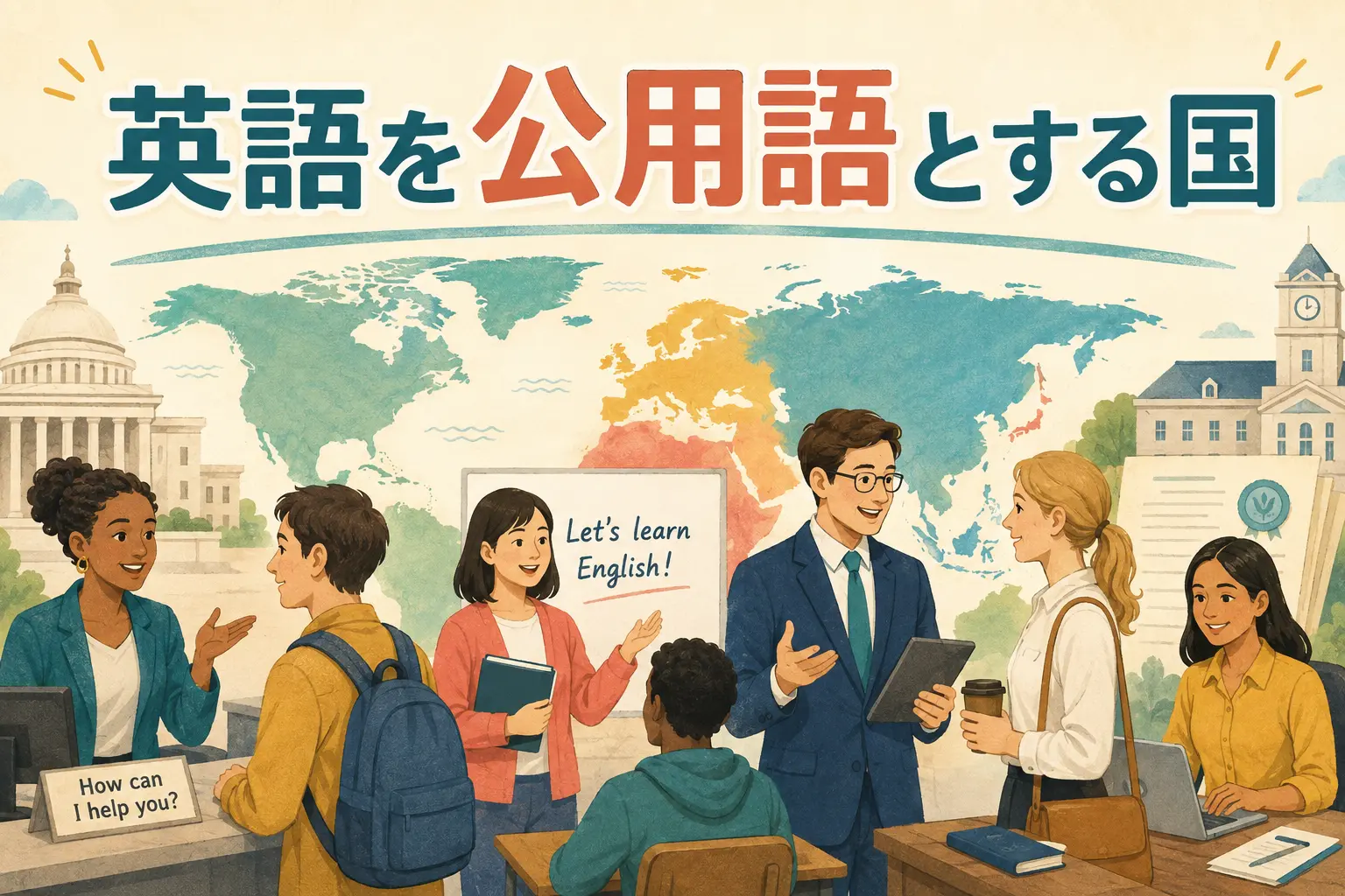 英語を公用語とする国を世界地図と公共機関で表したイラスト
