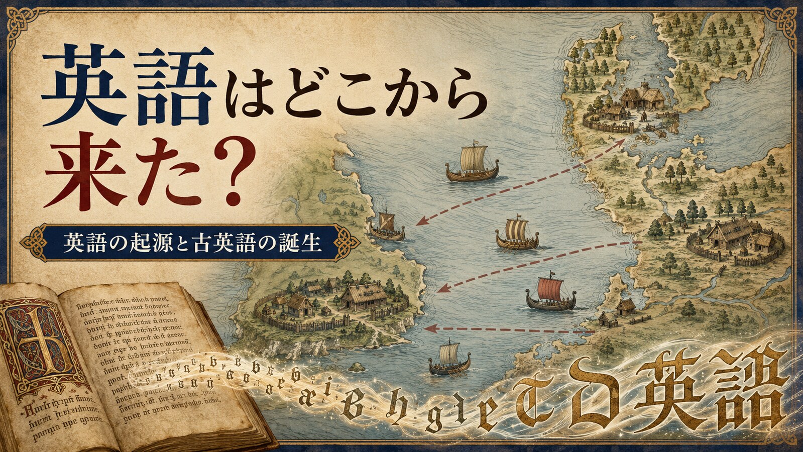 北海沿岸からブリテン島へ渡ったゲルマン系方言と英語の起源を示す地図
