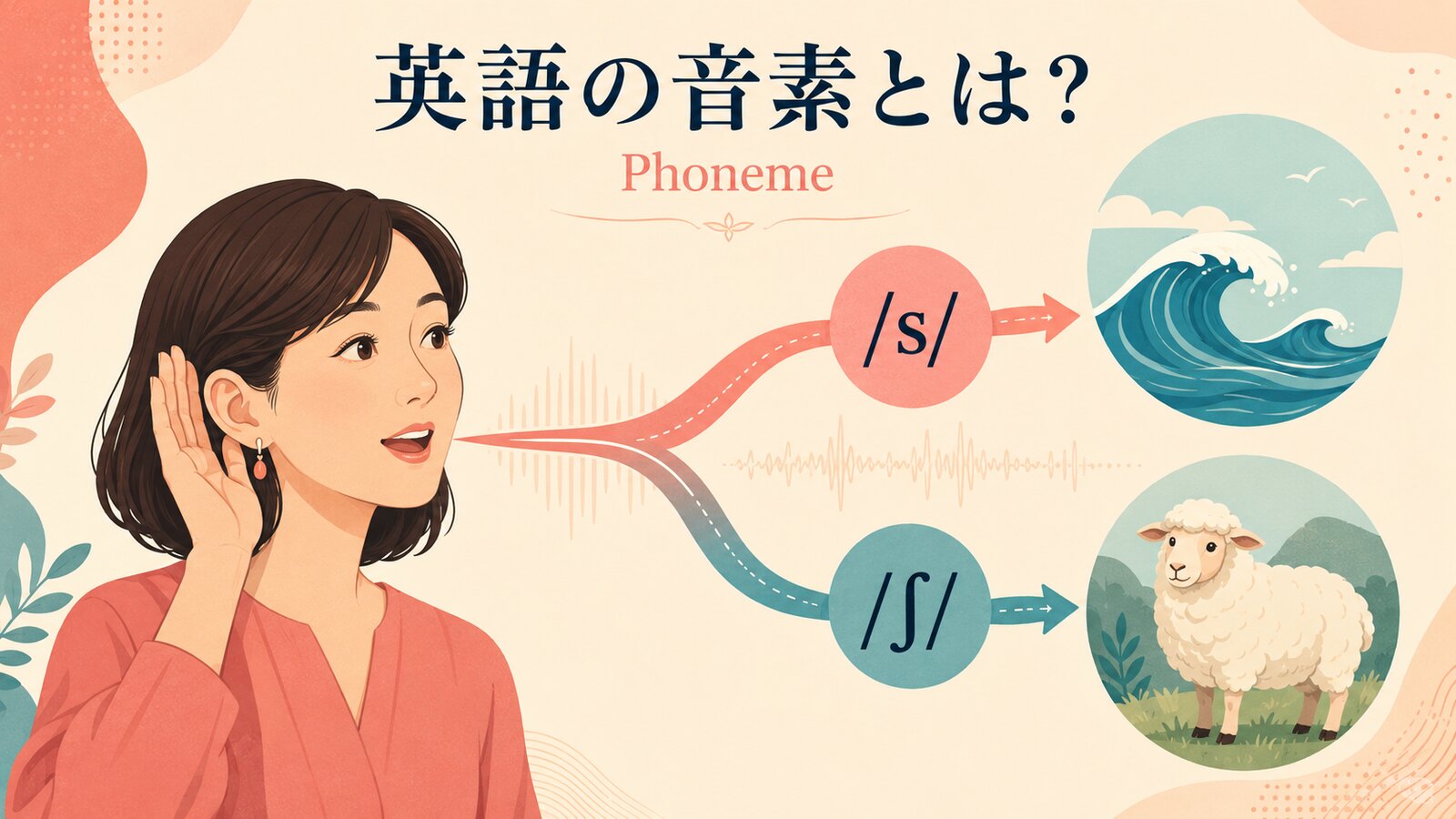 英語の音素とは何かを示すイラスト。音素sとshの違いを波と羊で表現