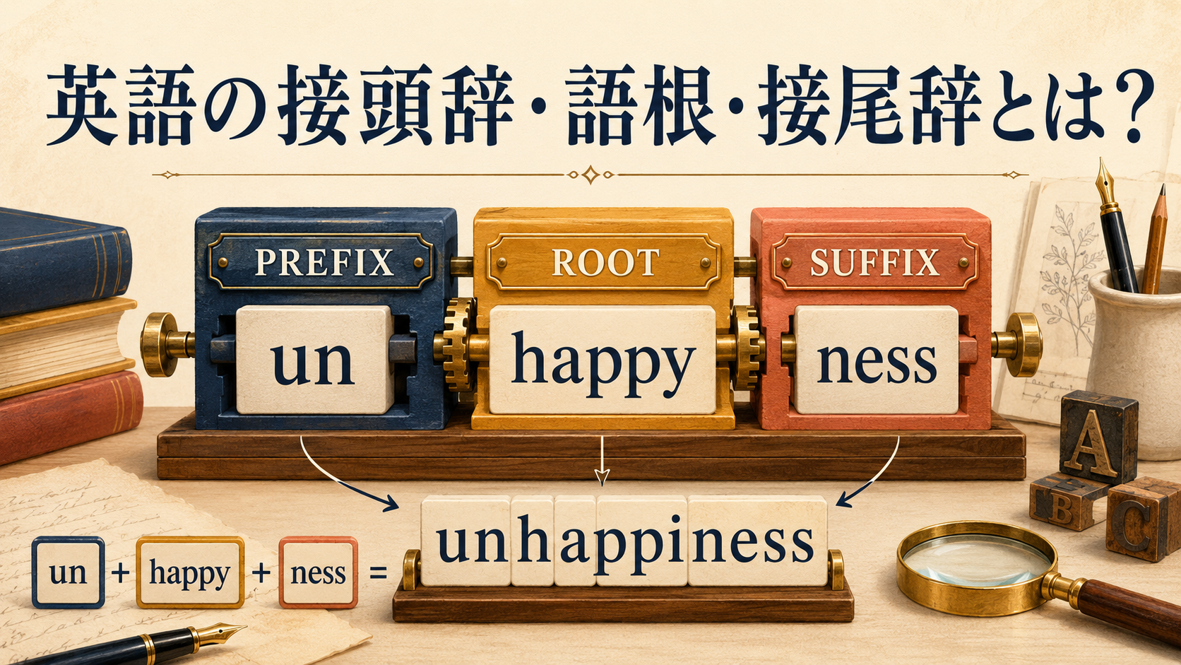 英語の接頭辞・語根・接尾辞をun・happy・nessで組み立てる図