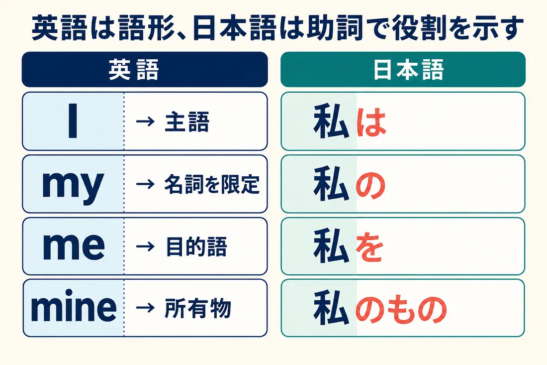 英語の代名詞の語形変化と日本語の助詞の比較