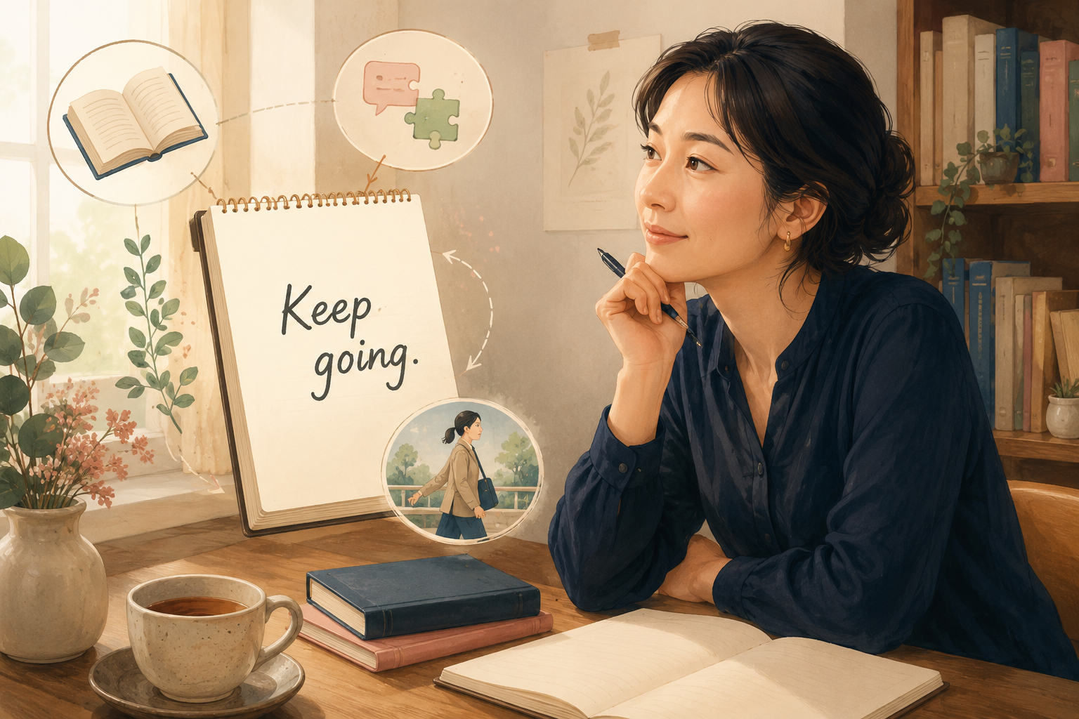 Keep goingという英語の名言から意味や使い方を学ぶ女性
