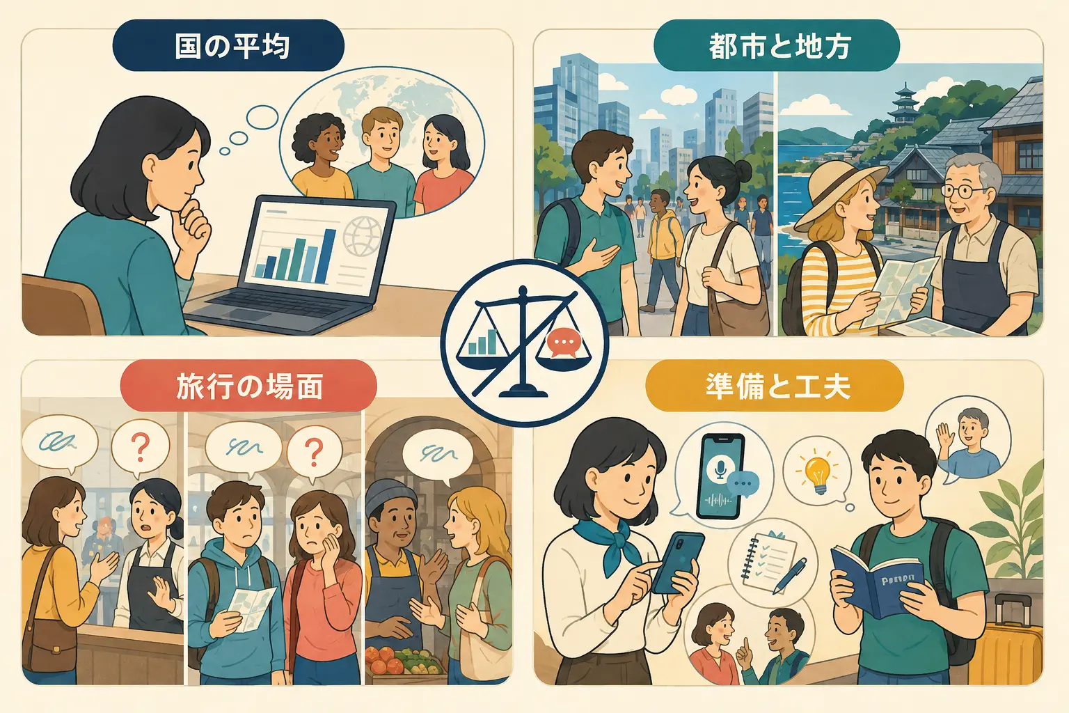 国の平均、都市と地方、旅行の場面、準備と工夫から英語の通じやすさを考えるイラスト