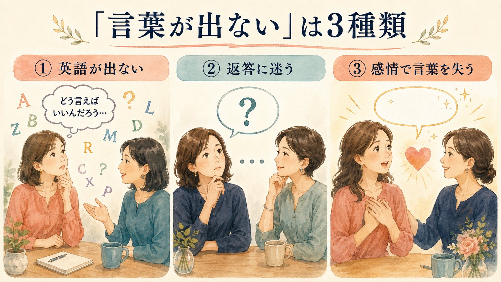 英語が出ない・返答に迷う・感情で言葉を失う3種類のイラスト