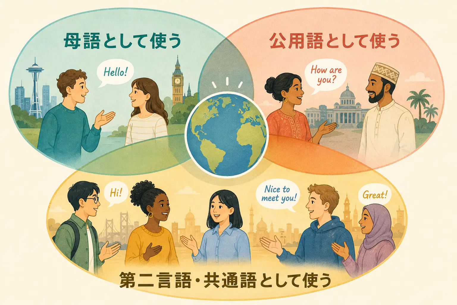 英語を母語・公用語・第二言語として使う国の違いを表す図解