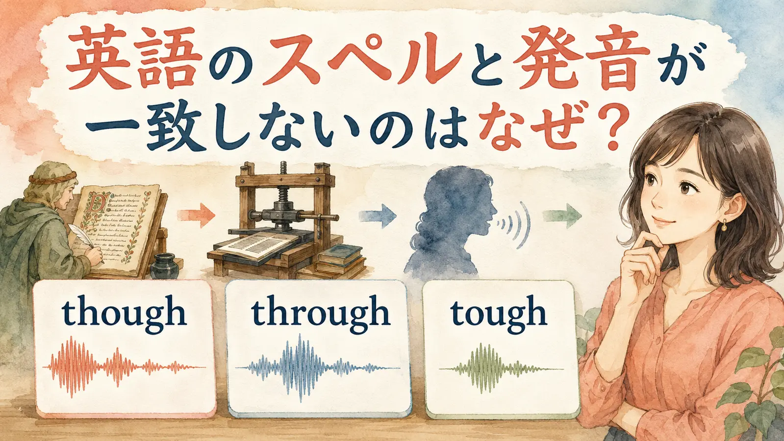 though・through・toughを例に英語のスペルと発音の不一致を示した図解