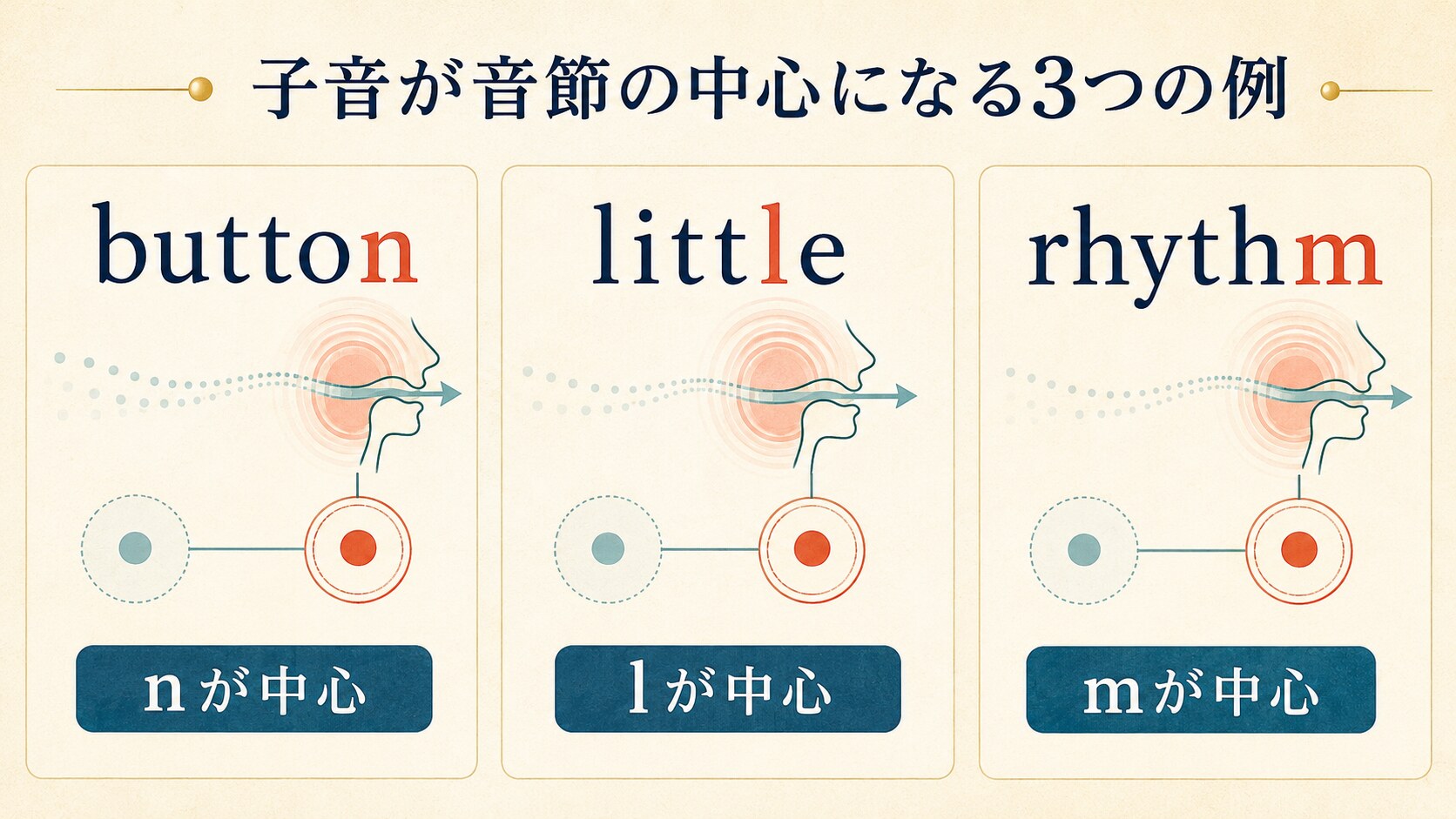 buttonのn、littleのl、rhythmのmが音節の中心になることを示す説明図