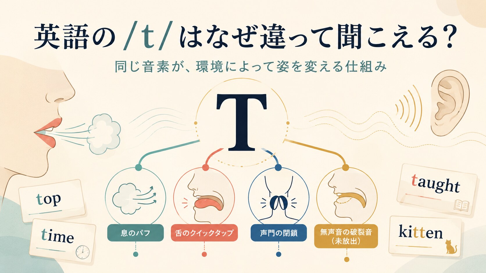 英語のtが環境によって違って聞こえる仕組みを表したイラスト