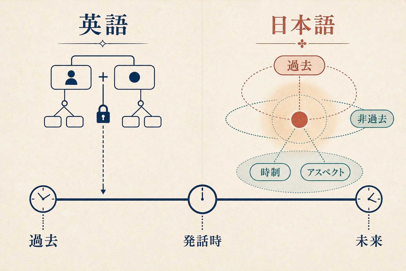 英語と日本語の時制・アスペクトを発話時から比較した図