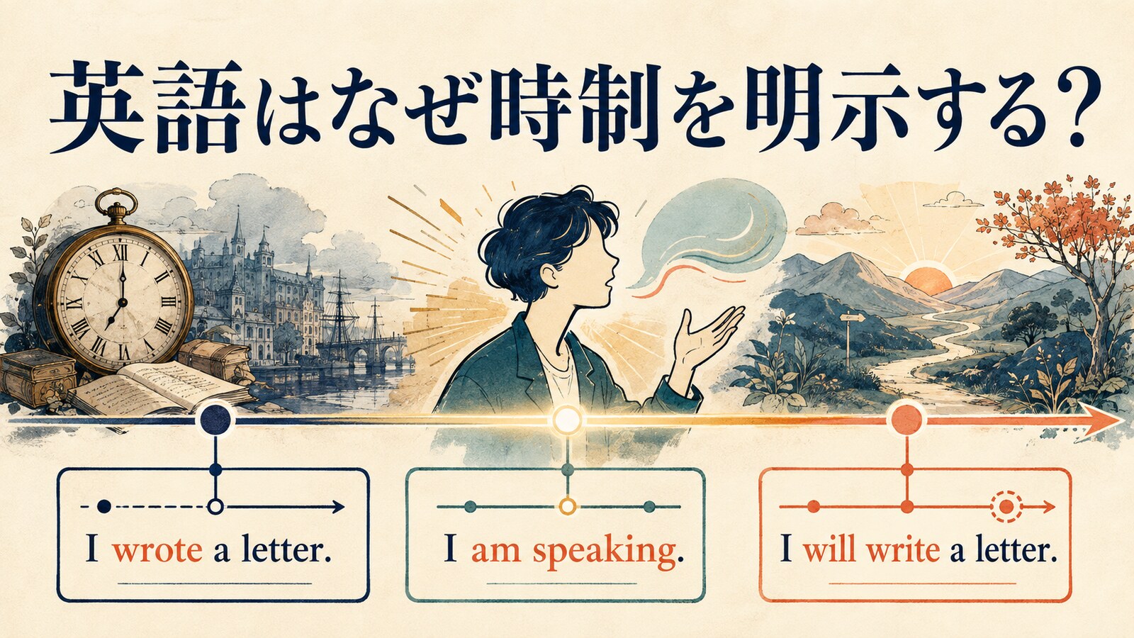 英語はなぜ時制を明示する?過去・現在・未来を示すタイムライン