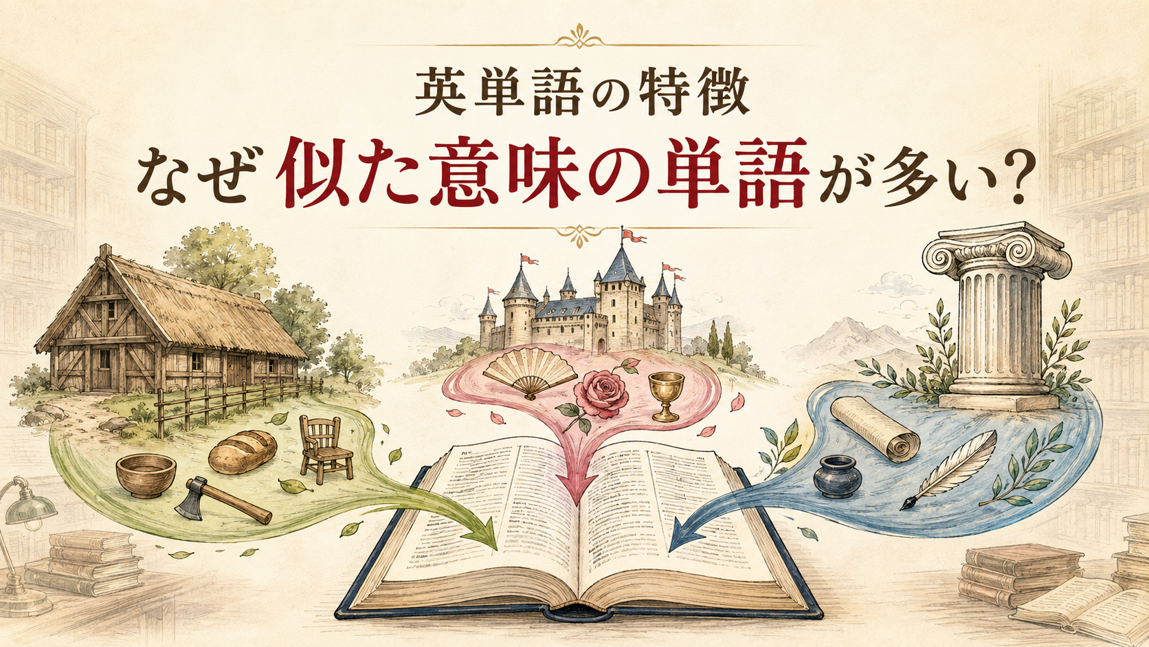 英単語の特徴と似た意味の単語が多い理由を表したイラスト