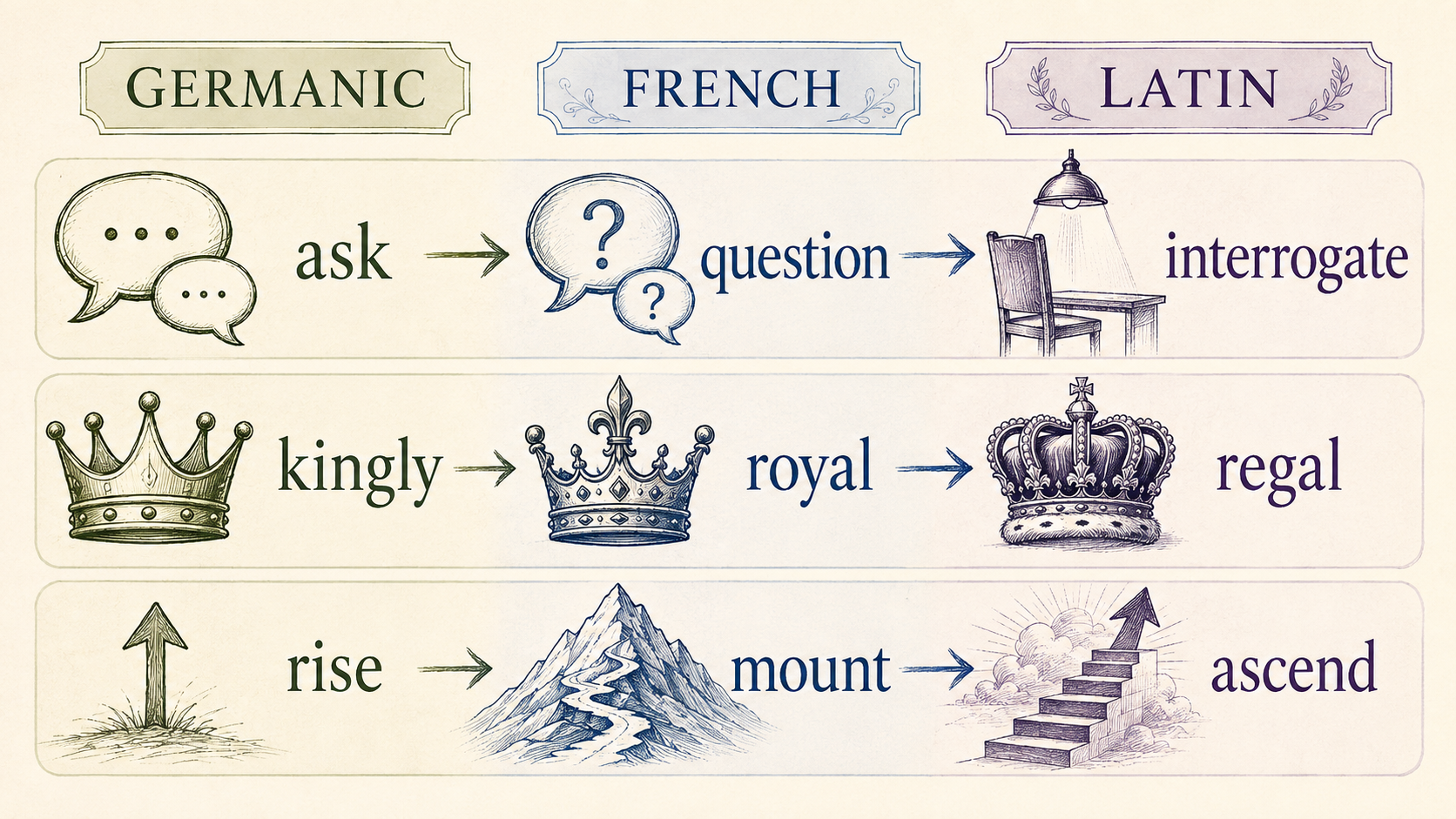 ask question interrogateなど英単語の語源による三層構造を示す図