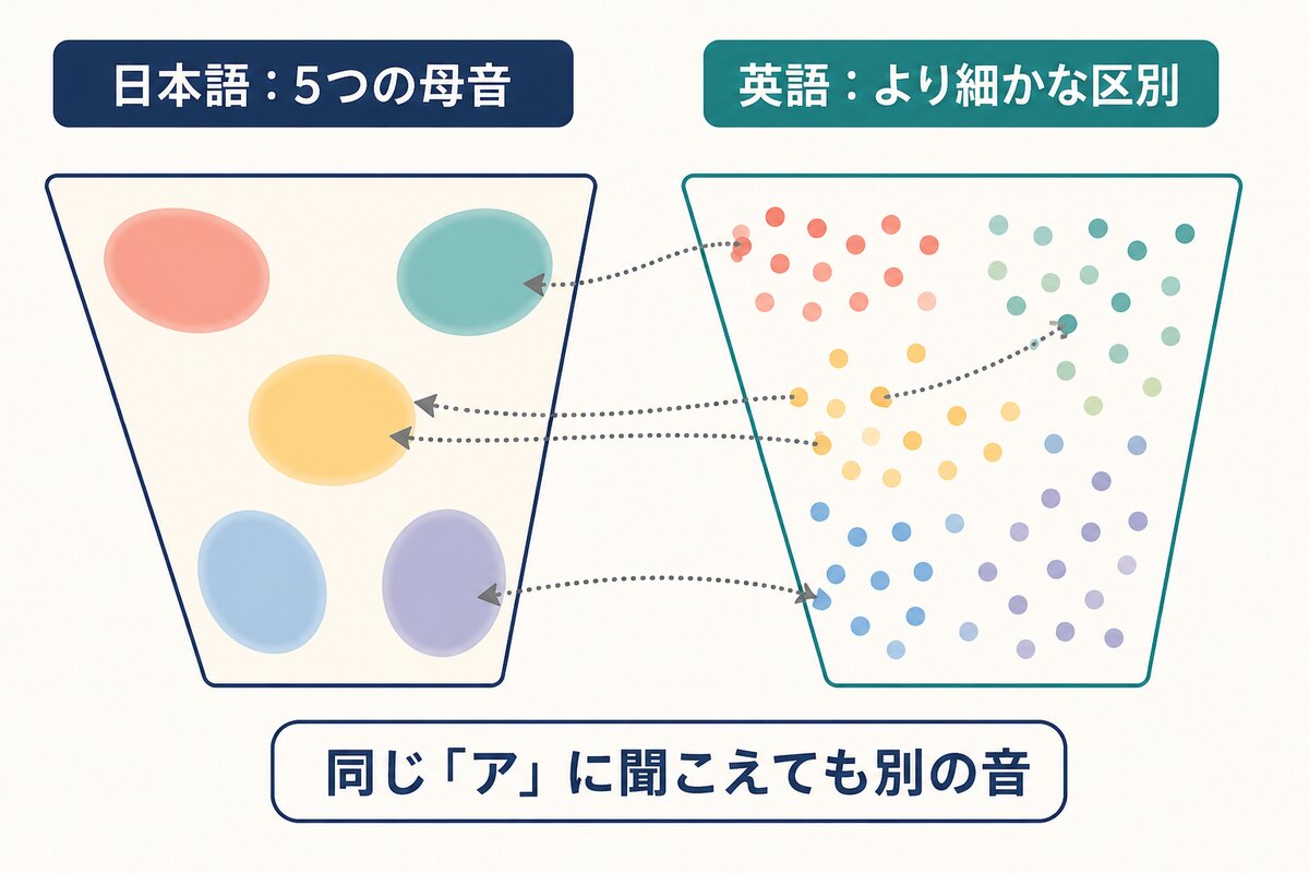 日本語の5母音と英語のより細かな母音区別を比較したイラスト