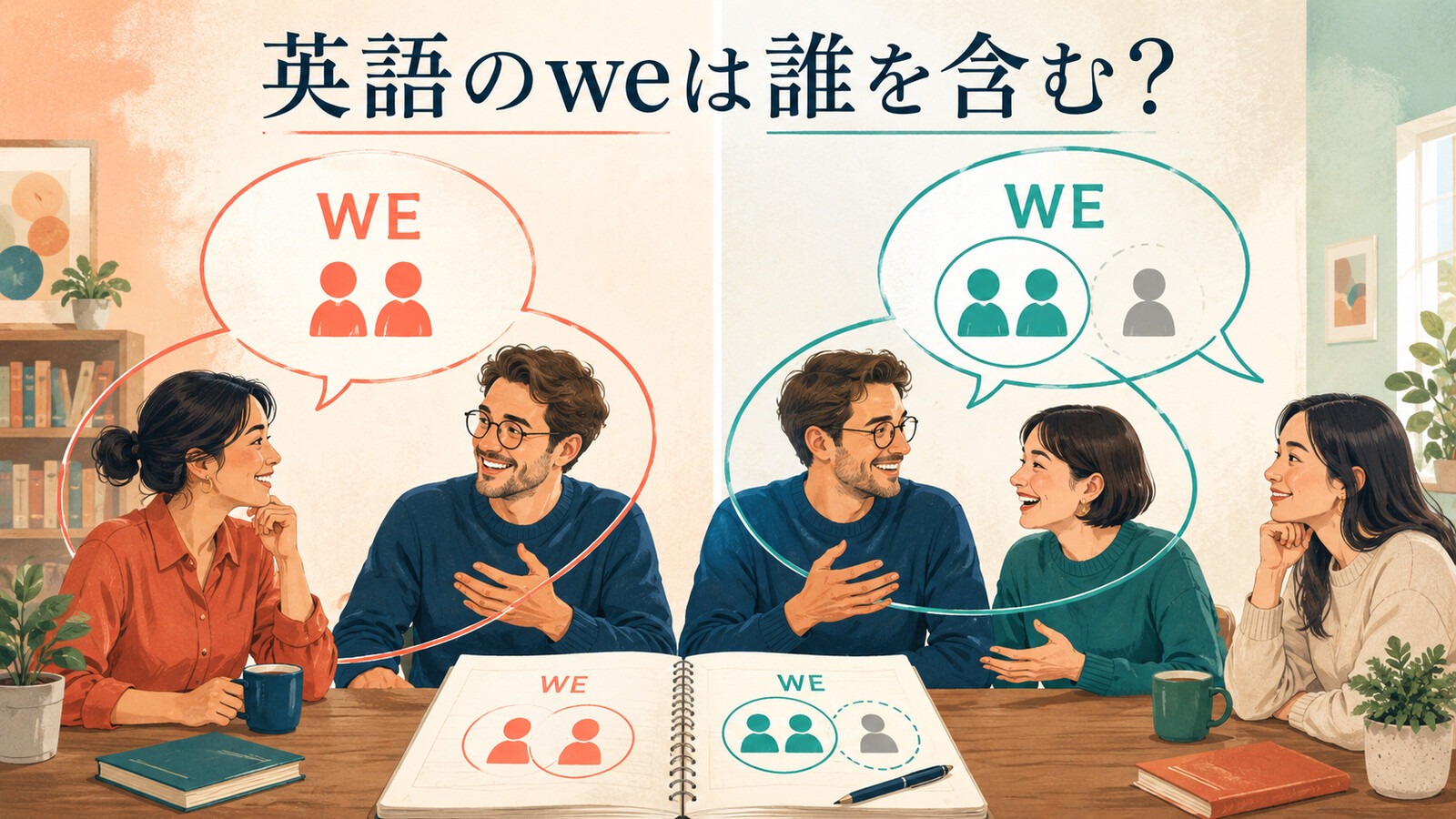 英語のweが聞き手を含む場合と含まない場合を対比したイラスト