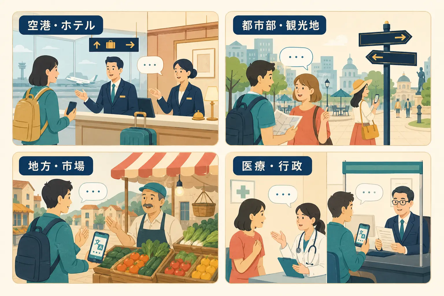 空港・ホテル、都市部・観光地、地方・市場、医療・行政で英語の通じ方を比べるイラスト