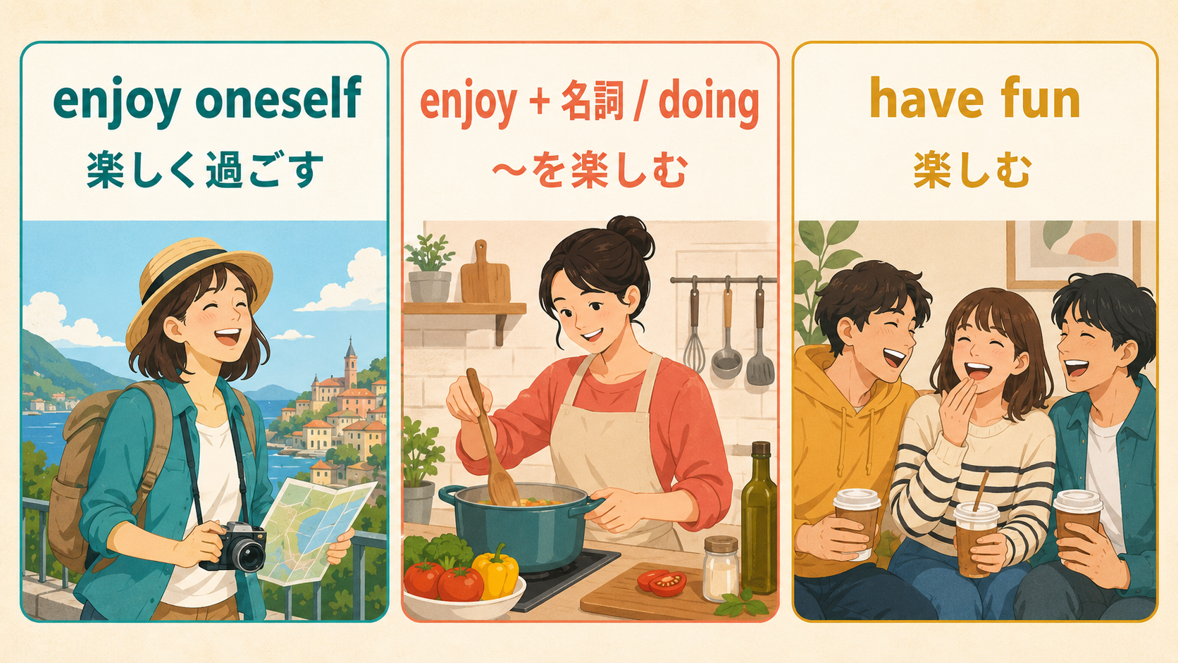 enjoy oneself、enjoy＋名詞・doing、have funの違いを示す図解