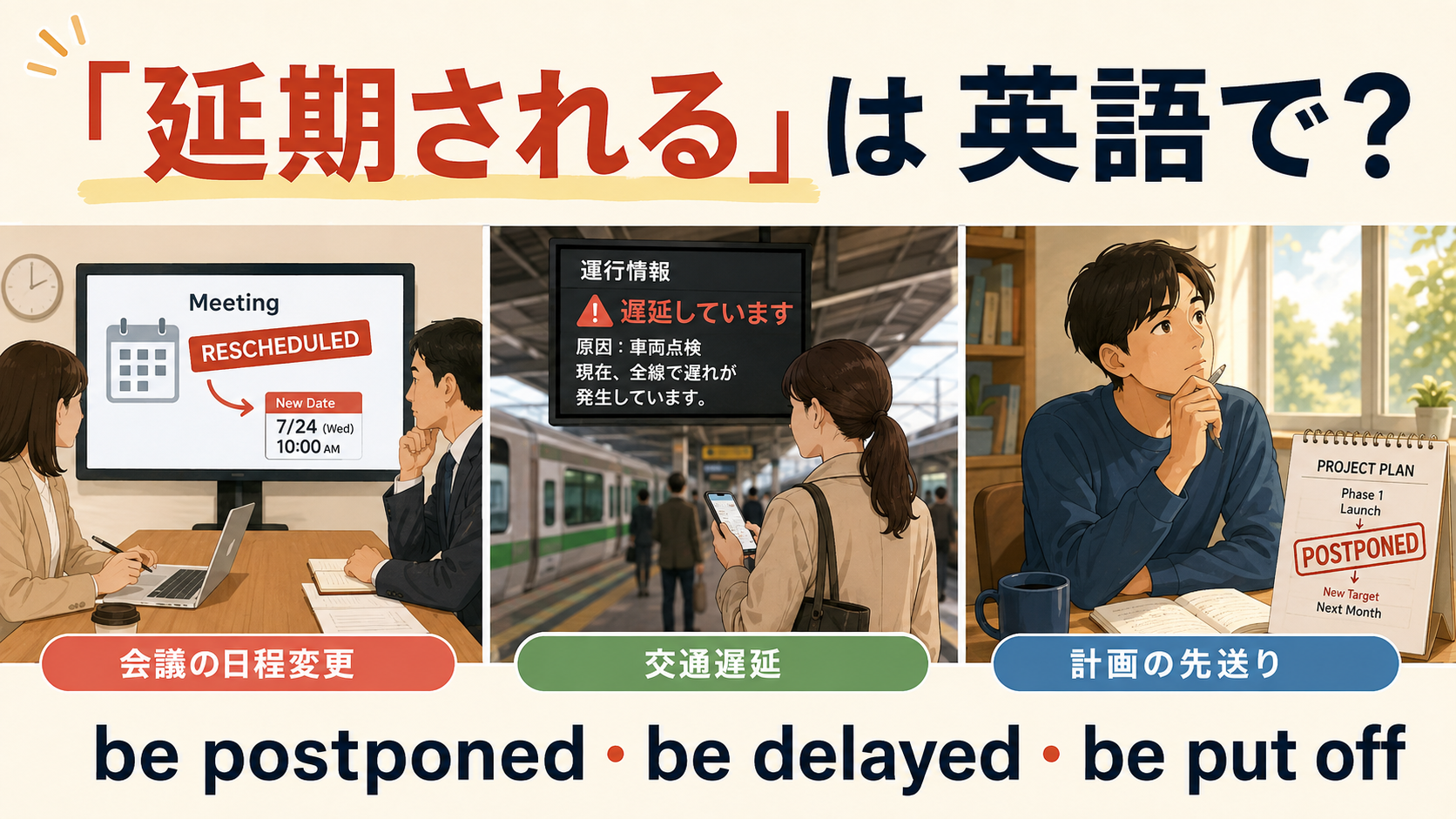 延期されるは英語で?be postponed・be delayed・be put offの違い