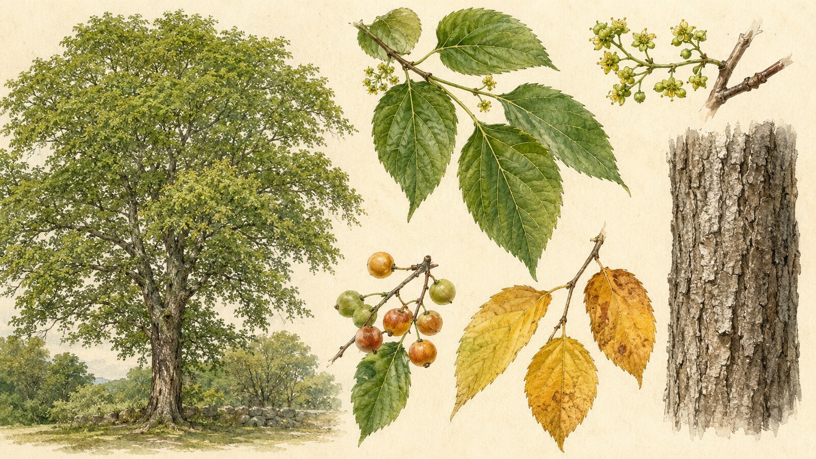 榎の大木・鋸歯のある葉・春の花・橙褐色の実・黄葉・樹皮の植物図解