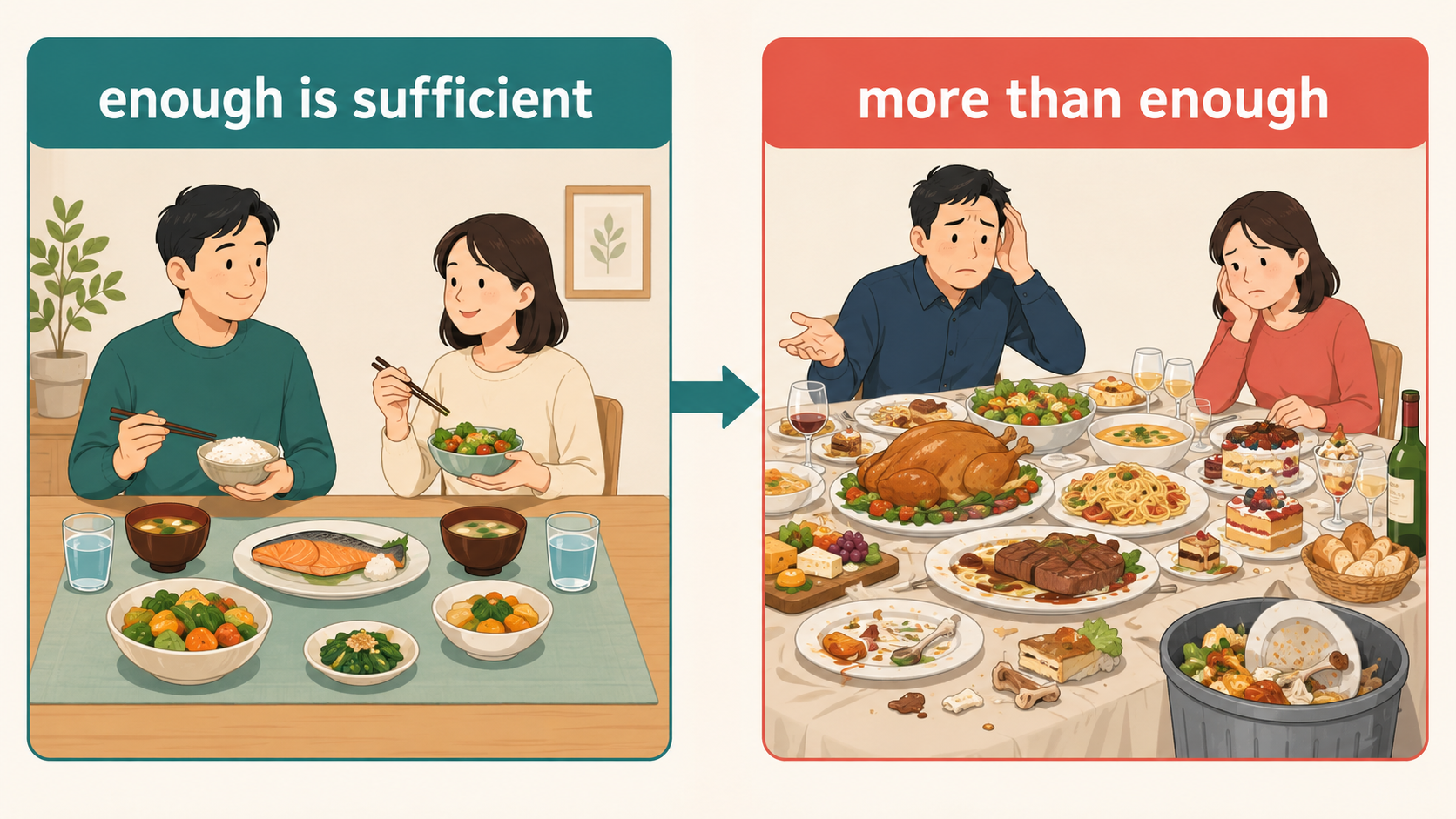 Enough is as good as a feastの語感と使い分けを図解したイラスト