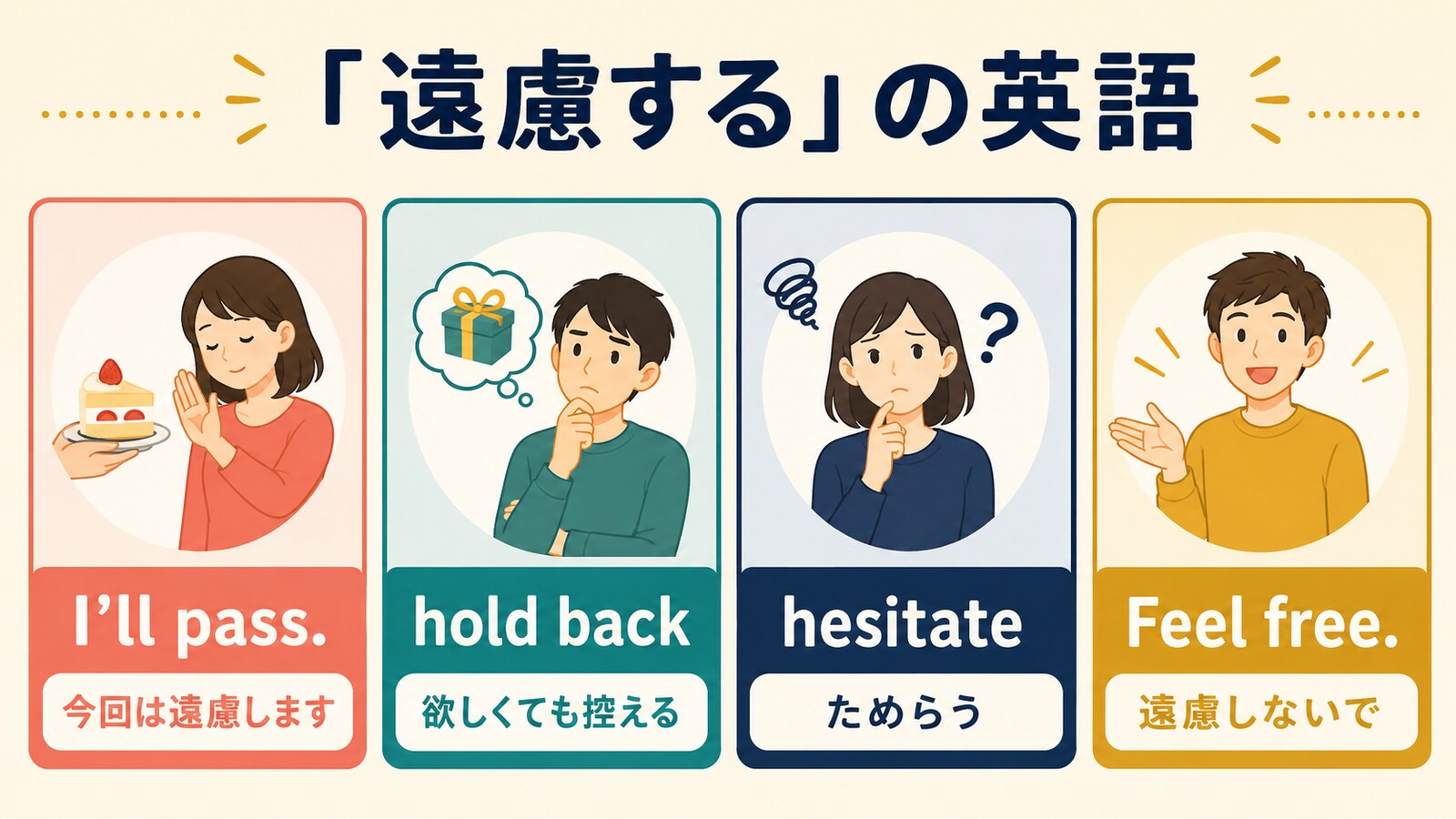 I’ll pass・hold back・hesitate・Feel freeの違い