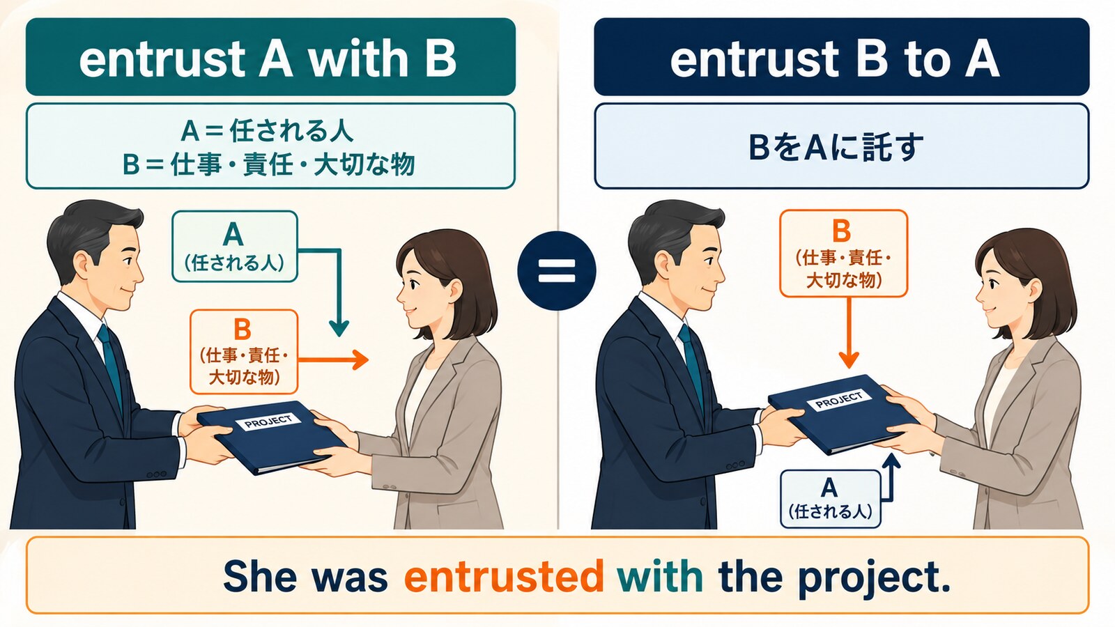 entrust A with Bとentrust B to AのA・Bの語順を比較する解説イラスト