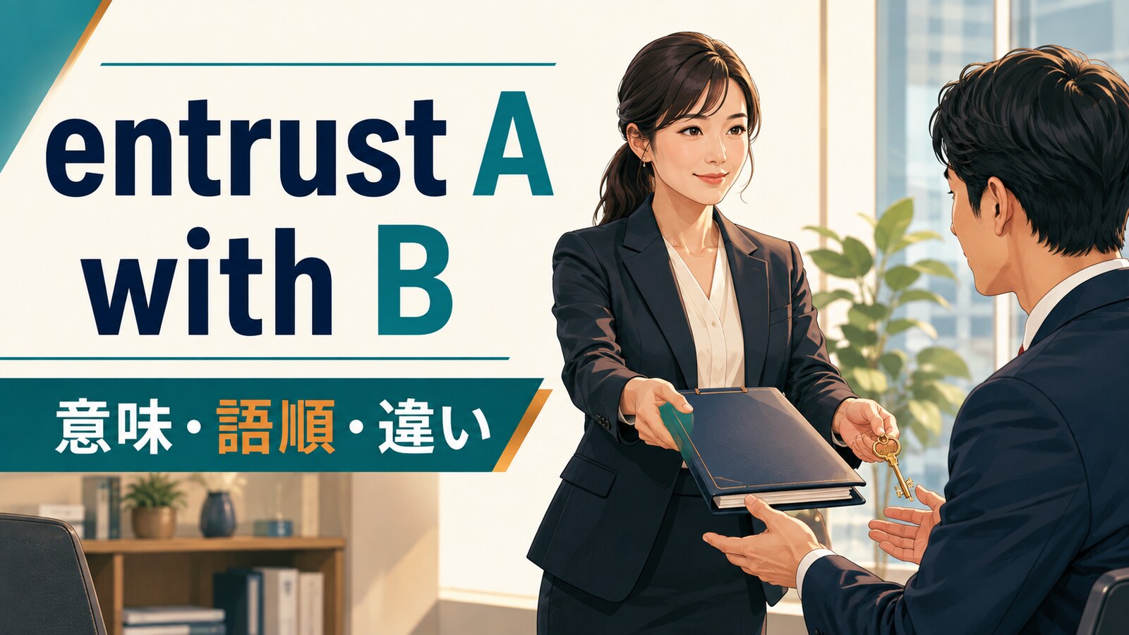 entrust A with Bの意味・語順・違いを解説するアイキャッチ画像