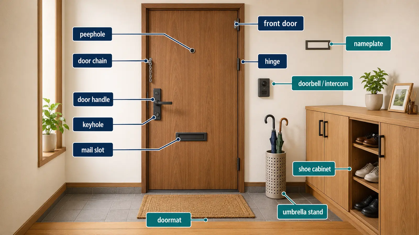 front door・door handle・keyhole・hinge・peepholeなど玄関の英語図解