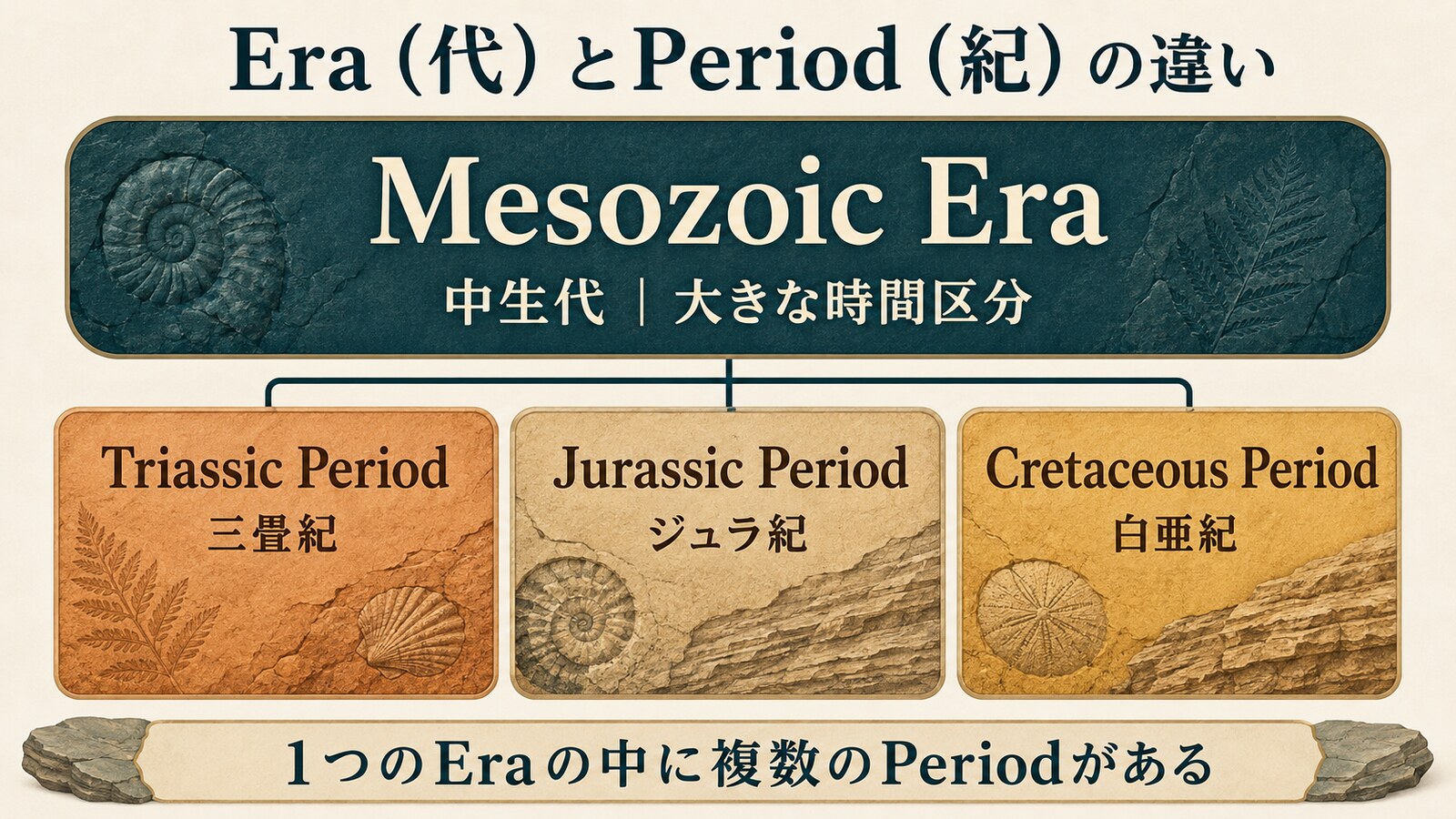 中生代というEraの中に三畳紀・ジュラ紀・白亜紀という3つのPeriodがあることを示す図