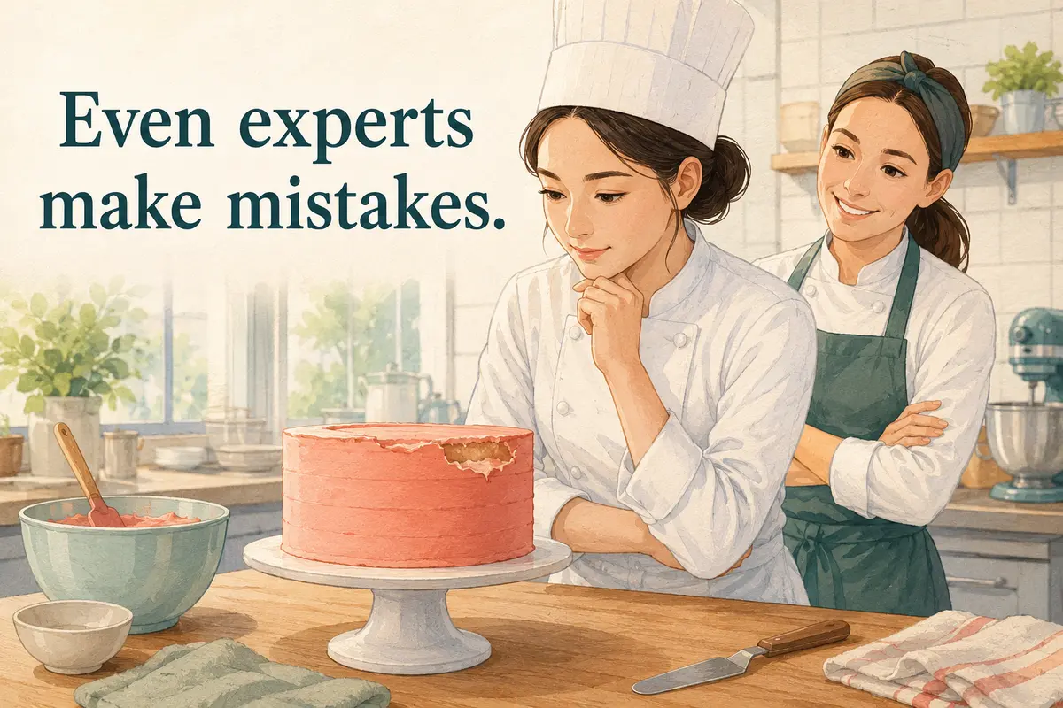 Even experts make mistakes. 熟練のパティシエも失敗することを表すイラスト