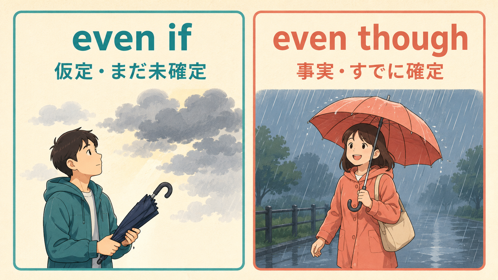 even ifは仮定、even thoughは事実を表す違いを示した図解